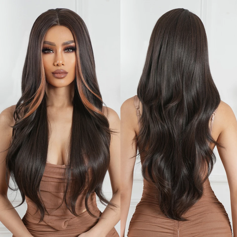 Gemma syntetická vlasová čipka čipkarná parochňa Tmavo hnedé zvýraznenie Dlhé prírodné vlnité parochne Ženy Cosplay Denné vlasové parochňu Vlákno odolné