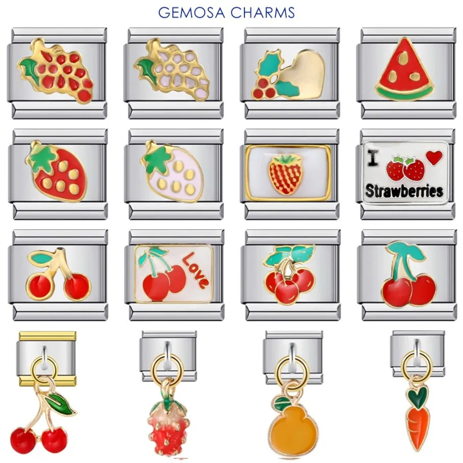 Gemosa Trend Fashion Cute Y2K Cherry Strawberry Watermelon Grape Charm Links Fit 9 mm z nehrdzavejúcej ocele Náramok DIY šperky
