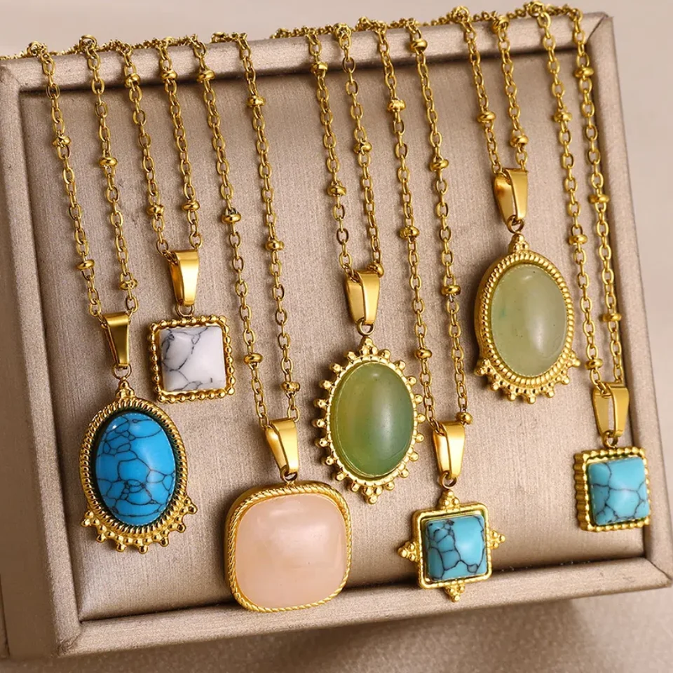Gemstone oválny náhrdelník pre ženy zlatá farba z nehrdzavejúcej ocele Zelený ametyst kameň prívesok náhrdelníkov Dainty boho šperky mama darček