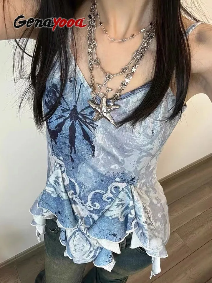 Genayooa Retro Tank Tops Dámske bez rukávov Blue Print Tank Y2K Vintage Camis 2000.s japonské e Dievčatá TEE NEVYHODNÉ TAKY TOPS Summer