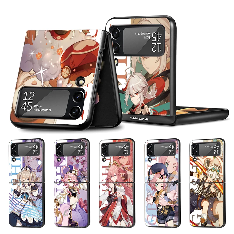 Genshin Impact Anime Z Flip 4 Phnoe puzdro pre Samsung Z Flip 3 5 5G Čierna tvrdá škrupina Galaxy Zflip3 Zflip4 Zflip5 Unikátny kryt Lux Lux