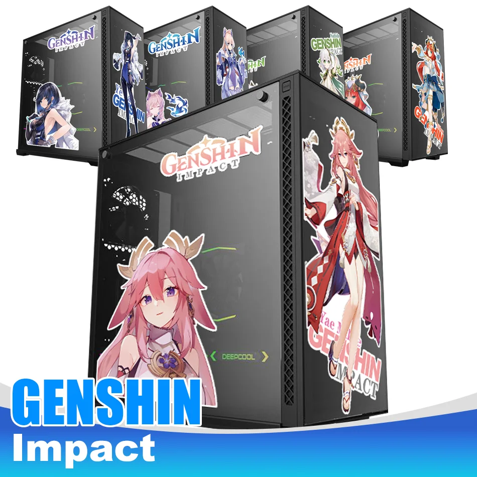 Genshin Impact Cartoon vinylové nálepky pre prípad PC, obtisky osobnosti anime dekorácie pre počítačový podvozok ATX