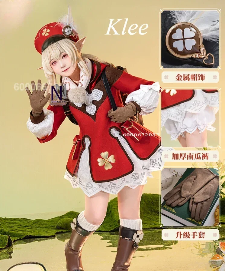 Genshin Impact Game Klee Cosplay kostým Lovely Loli Dámske oblečenie Plné súpravy s outfit s klobúkom Anime Game pre Halloween Party