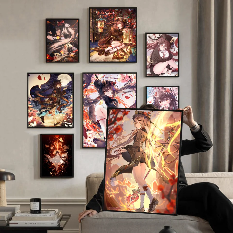 Genshin Impact Hu Tao Anime Classic Vintage Plagáty Whitepaper Výtlačky plagáty Artwork Kawaii Room Decor