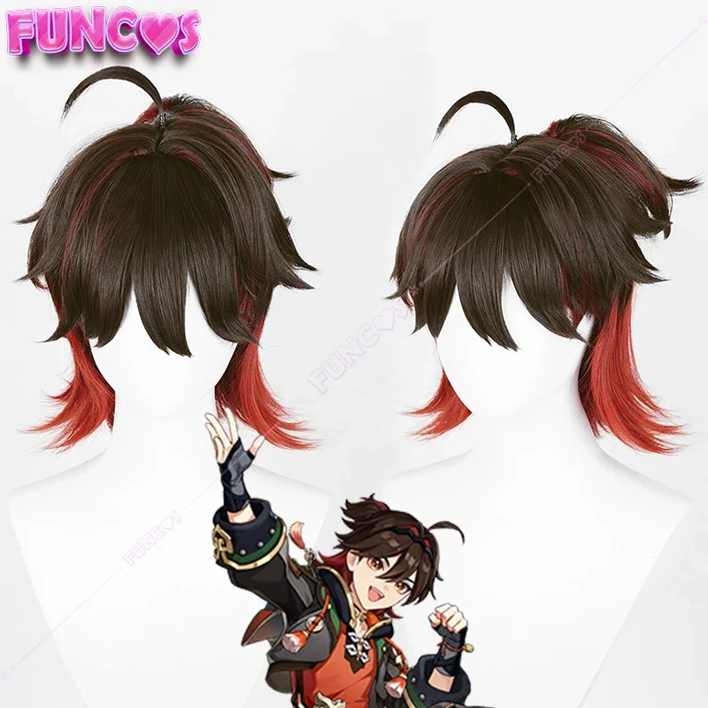 Genshin náraz herný ga ming cosplay parochňa cytail cytail vlasy hnedá zmes tmavo červené krátke vlasy tepelne rezistentné vlákno s vlasovými čiapkami hry
