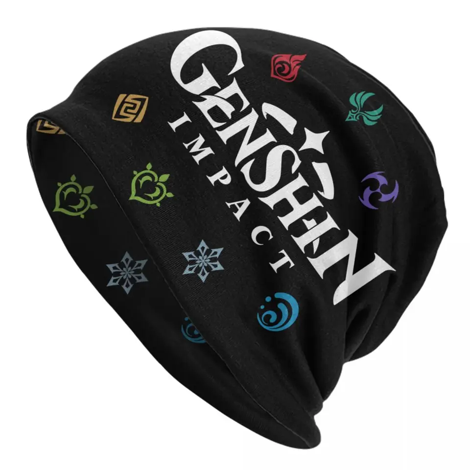 Genshin nárazové prvky kapoty módne pletené klobúk pre ženy Men Men Warb Winter Game Anime lebky čiapky čiapky