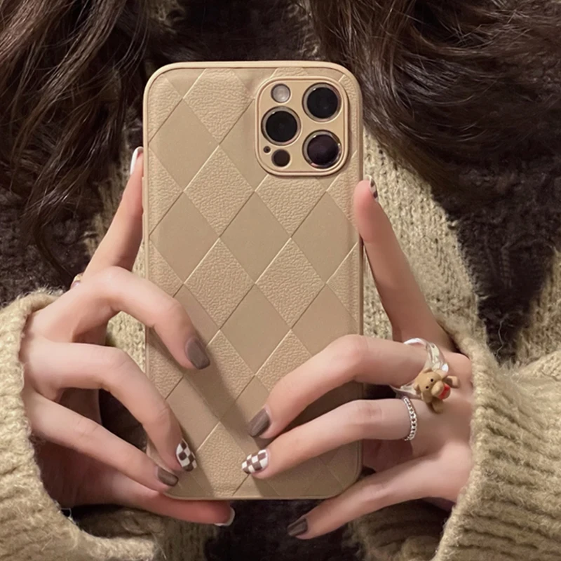 Geometria diamantový kockovaný vzorový pár krycí puzdro pre iPhone 14 13 12 x 11 Pro XS Max Luxury Pu Leather Coque Fundas