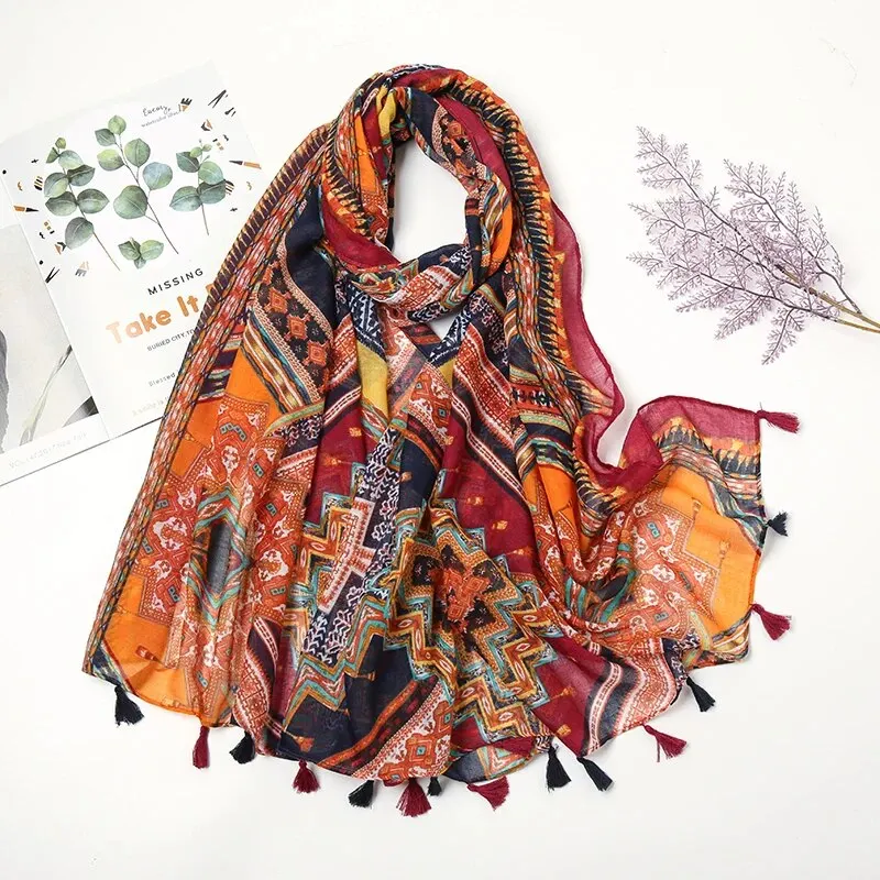 Geometria módnej tlače Tassel Shawl Cotton Viskose Scarf Dámske pláž s opaľovacím krémom Moslim hidžáb obal šatky 180*85 cm