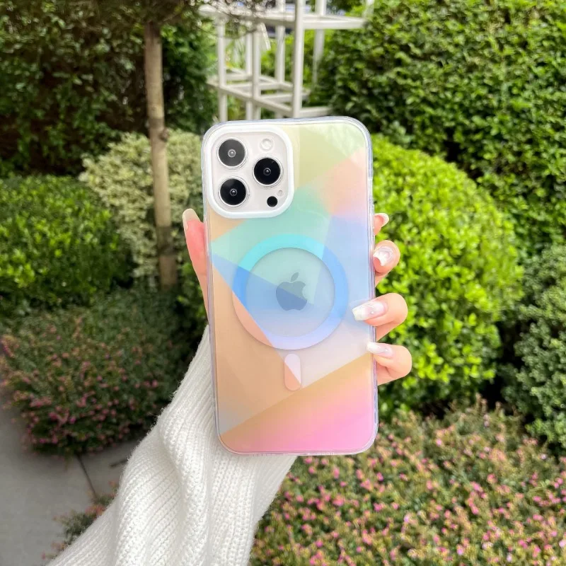 Geometrický gradient farbu magnetického telefónu pre iPhone 14 16 Plus 12 13 Pro Max 15 11 Štyri rohový protihodný protiprotujúci kryt