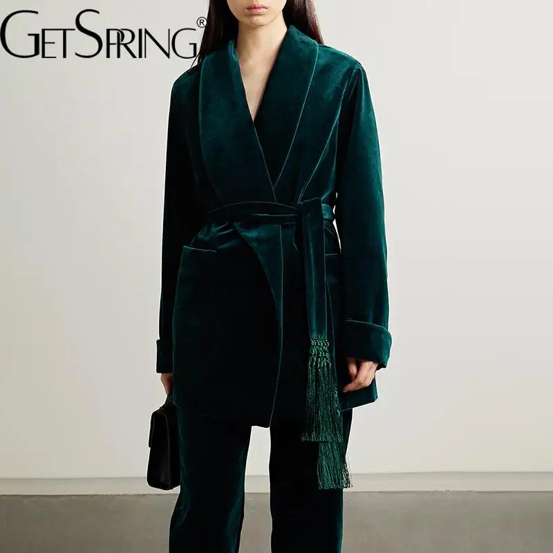 GetSpring Women Blazer 2024 Jeseň Velvet Full Ruckve Lace Up Dámske čierne sako kabát vintage voľný dlhý dámsky oblek bunda