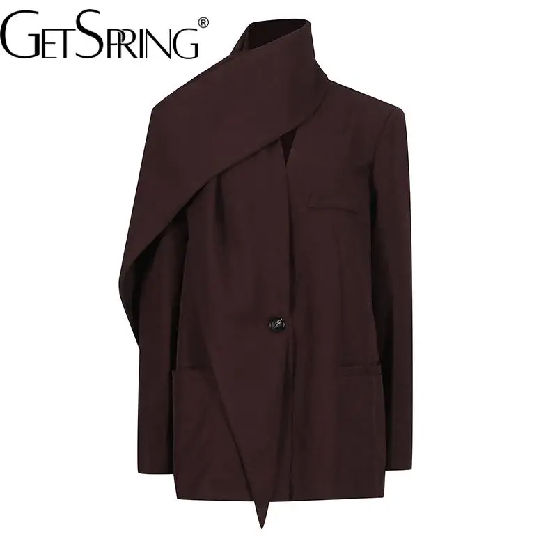 GetSpring Women Blazer 2025 Spring Single Button Scarf Design s dlhým rukávom dámy čierny sako Coat Fashion Dámsky oblek bunda