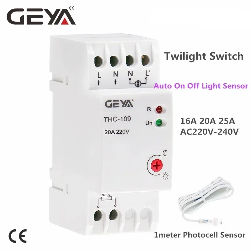 Geya Din Rail Light Sensor Auto Manual Off Fotocell Light Control spínač 16a 25a so snímačom AC220V