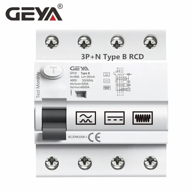 Geya Gyl9 Typ B RCD DIN Rail Earth Earth Usiler Breaker DC RCCB RCD 2P 4P 63A 30MA 100MA 300MA 6KA 6KA IEC62423