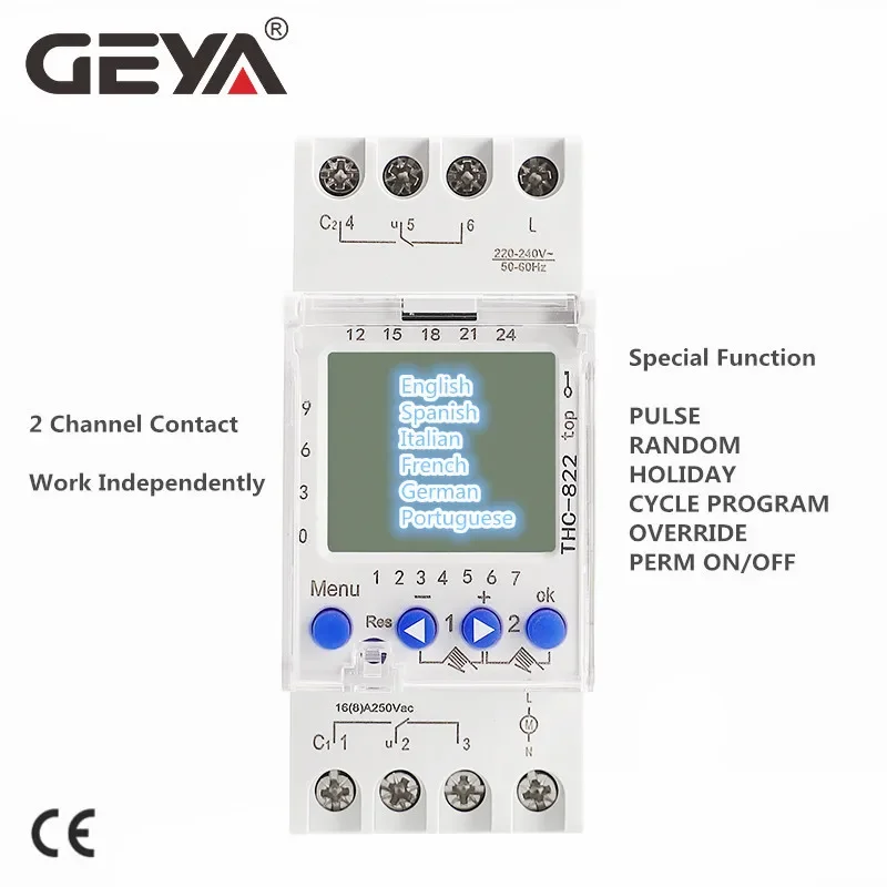 Geya THC-822 Konverzačný programovateľný časovač 2Channel Change Contakts Digital Timer Switch s batériou 16A 220V 110V
