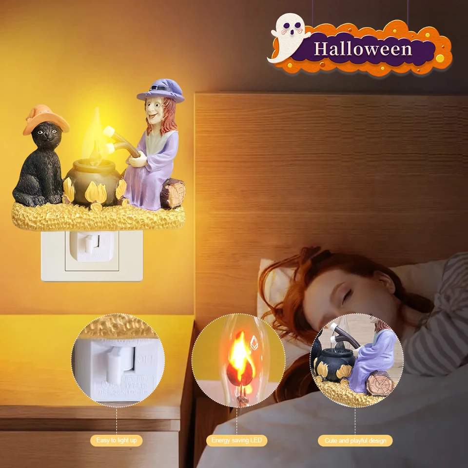 Ghost Home Decor Faux Campfire Blikanie LED Nočné svetlo 3D mačka čarodejnica miniatúry figurína stolová lampa Halloween Room Ozdob