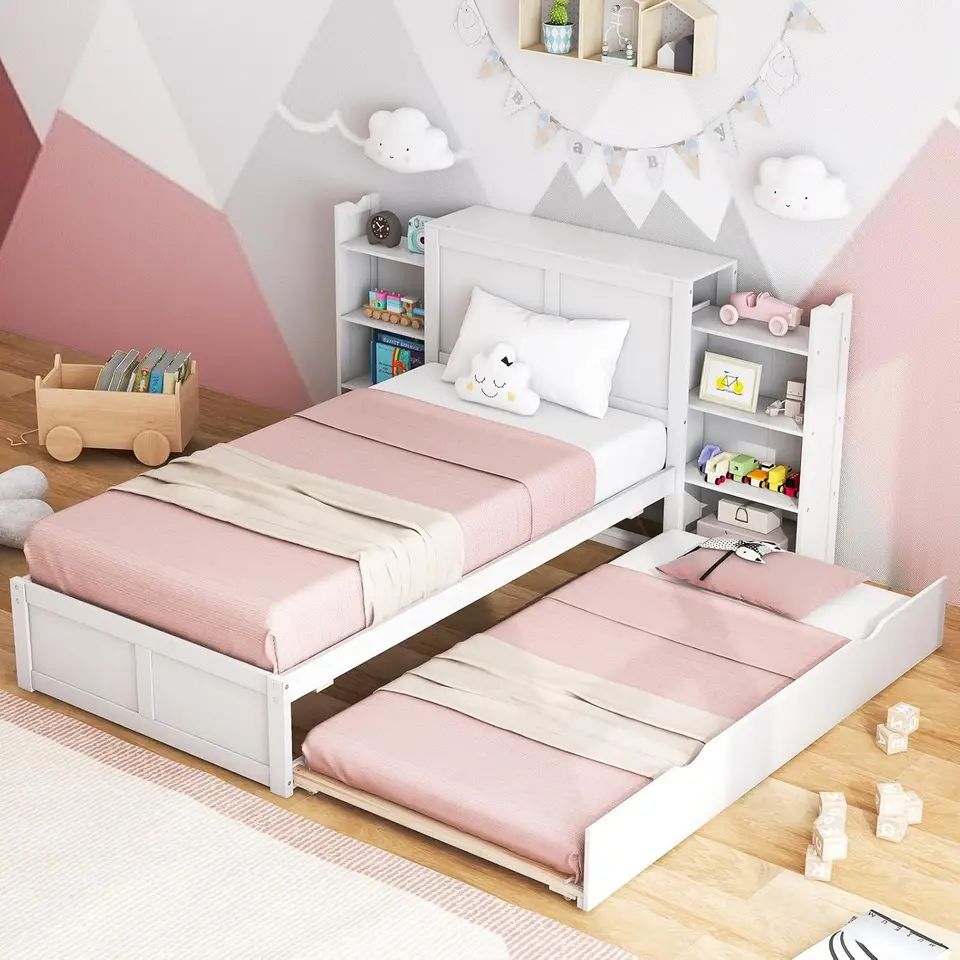 Giantex Twin Bed Rám s trojčlenným, dreveným rámom postele s 2 valcujúcimi knižnicami a vysokou čelnou doskou, posteľ úložnej plošiny pre deti,