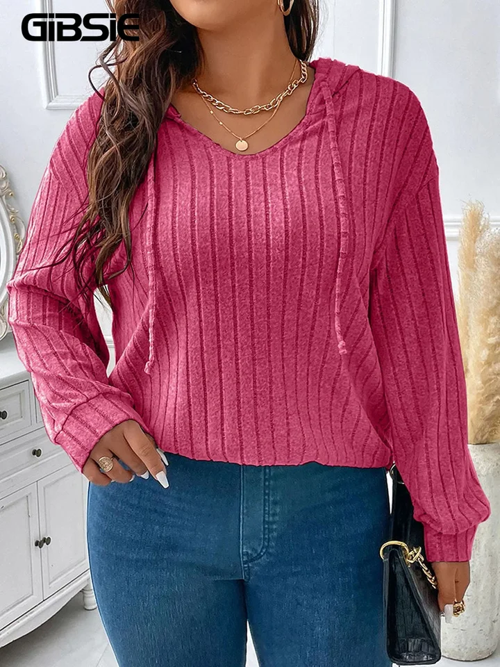 Gibsie plus veľkosť dámske tričká s kapucňou s kapucňou s dlhým rukávom Tops TEE SALNÉ REBBBED pletené pletené tričká Fall Clothes 2023