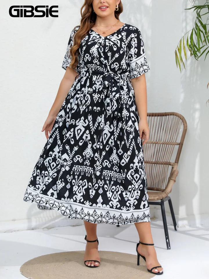 Gibsie plus veľkosť etnický tlač Belted Belted maxi šaty Ženy 2024 Jarné leto sviatok s krátkym rukávom Boho pláž elastické šaty A-line šaty
