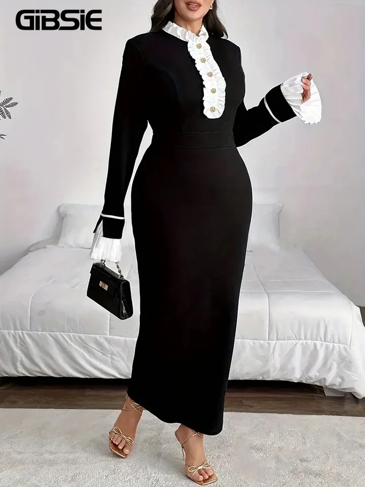 Gibsie plus veľkosť jesenný zimný kontrast frill frill gombated Dámske šaty čierne elegantné štiepky s dlhým rukávom MAXI MAXI Šaty