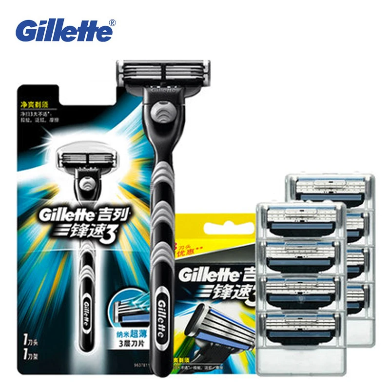 Gillette Mach 3 Pánske holenie tváre Razor Blades Original Mach3 Manuál brada holiaci strojčeky Čepele Blades bezpečnosť 1 rukoväť 9 Blade Reill