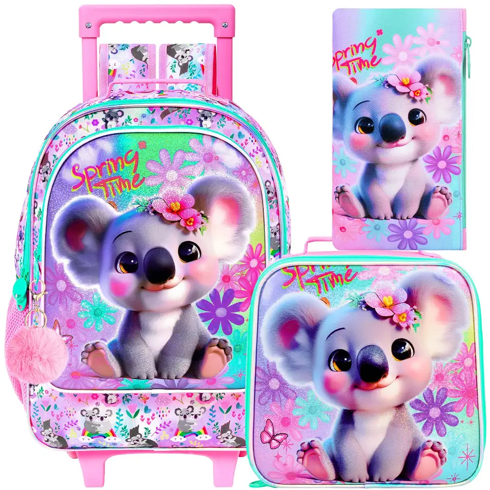 Girls 4ks Girls Rolling Bookbag, roztomilé detské kolesové bookbag ， Pink Koala Roller School School Bag s kolesami pre základné predškolské cestovanie