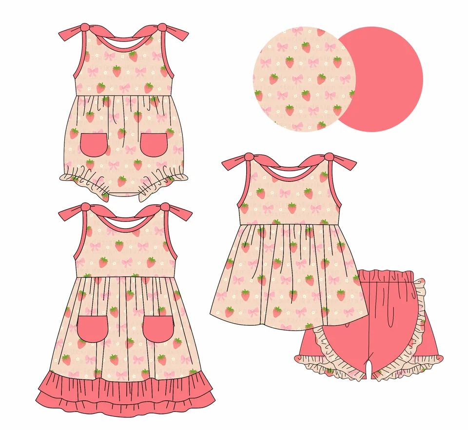 Girls Series Boutique Detský oblek podväzky luk kvetiny jahodové tlače kraťas