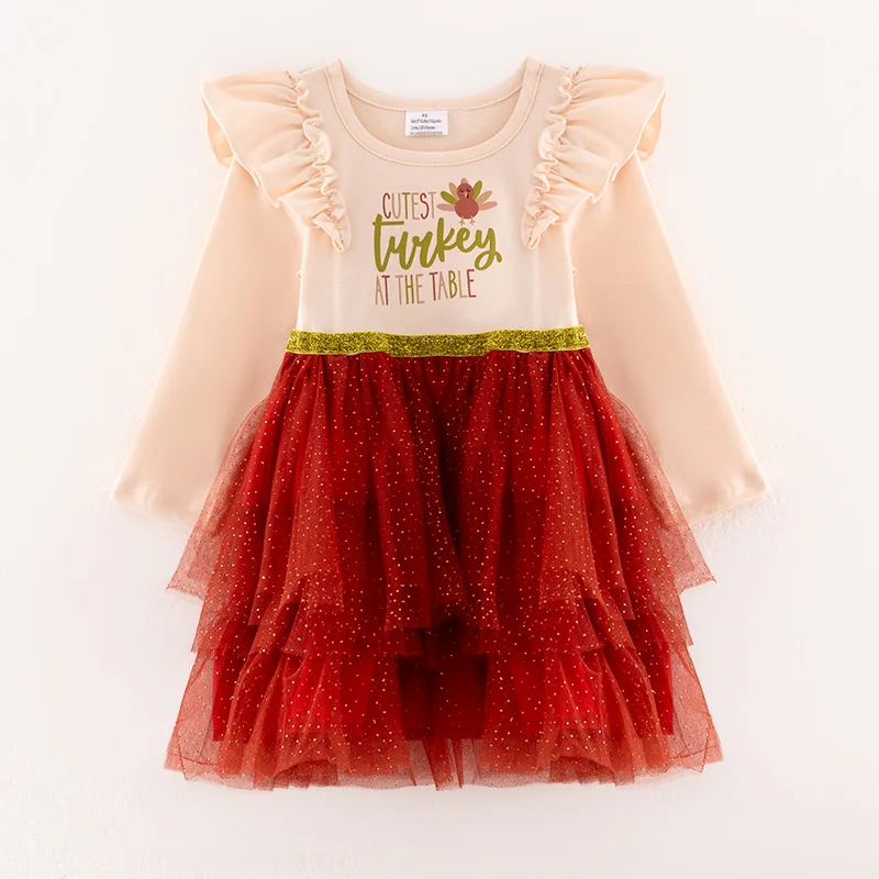 Girlymax Fall Autumn Deň vďakyvzdania Dievčatá Dievčatá deti Detské oblečenie oblečenie Letter Tlač kolena dĺžka tulle šaty Tulle