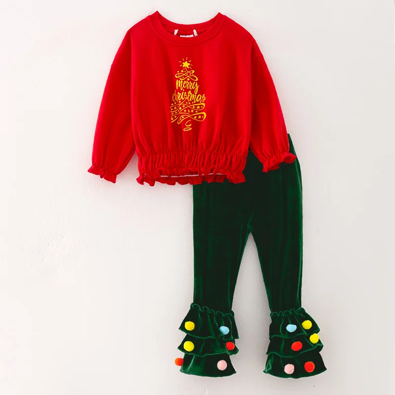 Girlymax Veselé vianočné dievčatá Zimné vianočné vianočné tlače bavlna Top Velvet Pants Set Boutique Kids Clothing
