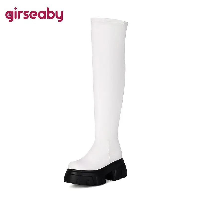 Girseaby Dámske stehenné topánky Round Toe High podpätky 7cm Platform Hill 4,5 cm Veľká veľkosť 42 43 Sexy zoznamovacia párty nad kolenou bota
