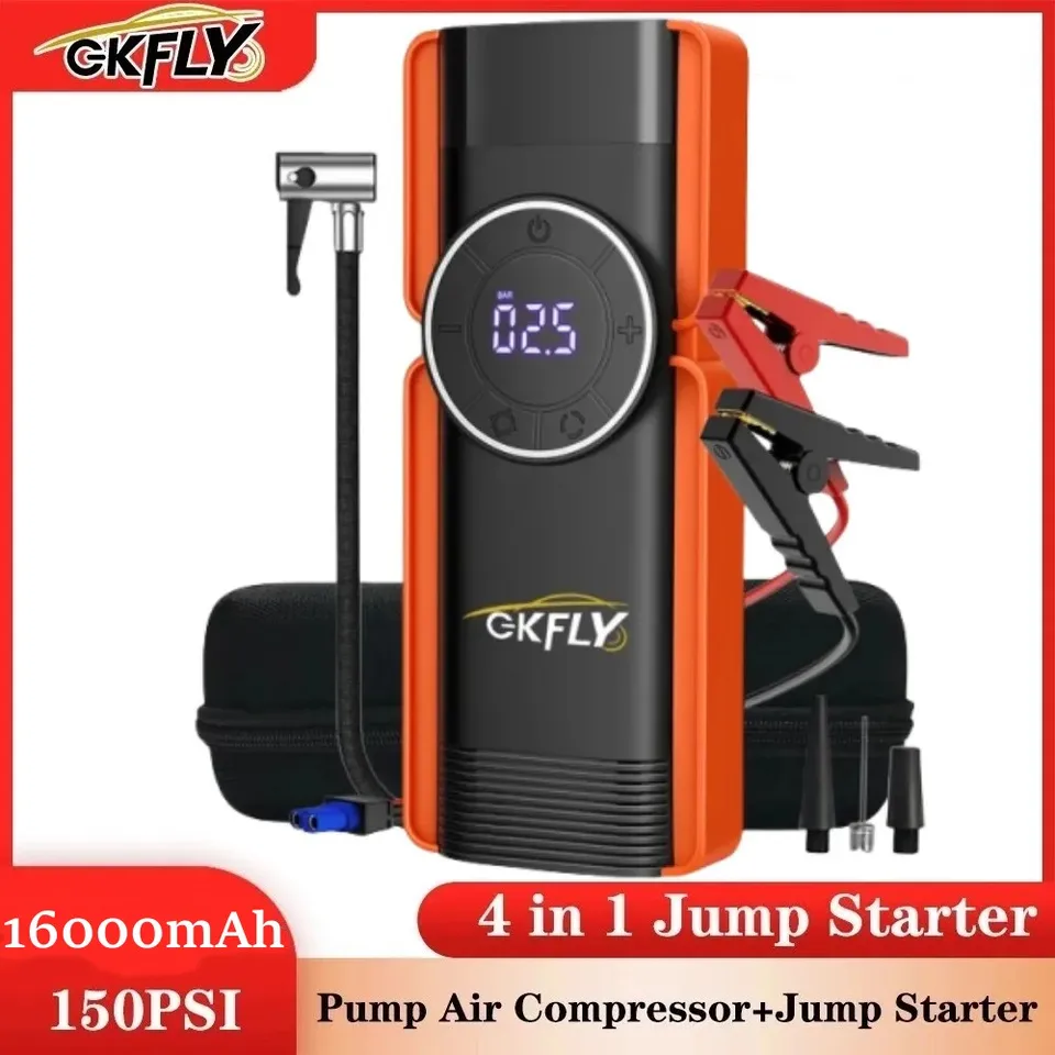 GKFLY 16000MAH CAR Jump Starter 4 v 1 Čerpadlo vzduchového kompresora 1400a Štartovacie zariadenie Power Bank 12V Digitálna inflátor pneumatík 150 psi
