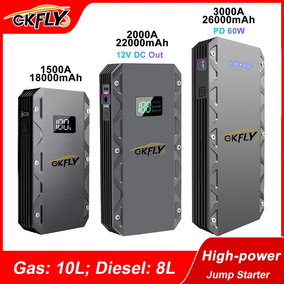 GKFLY CAR Jump Starter 26000MAH Prenosná energia 3000a/2000a/1500a Štartovacie zariadenie Booster Battery pre bočné vozidlo Petorl Diesel CAR
