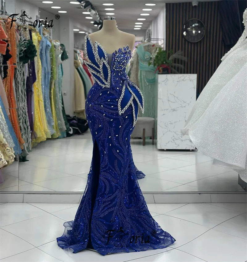 Glamour Royal Blue Mermaid Party šaty so striebornými krištáľovými 3D listy Dubaj žena večerné šaty Vestidos de Ocasión Formales 2024