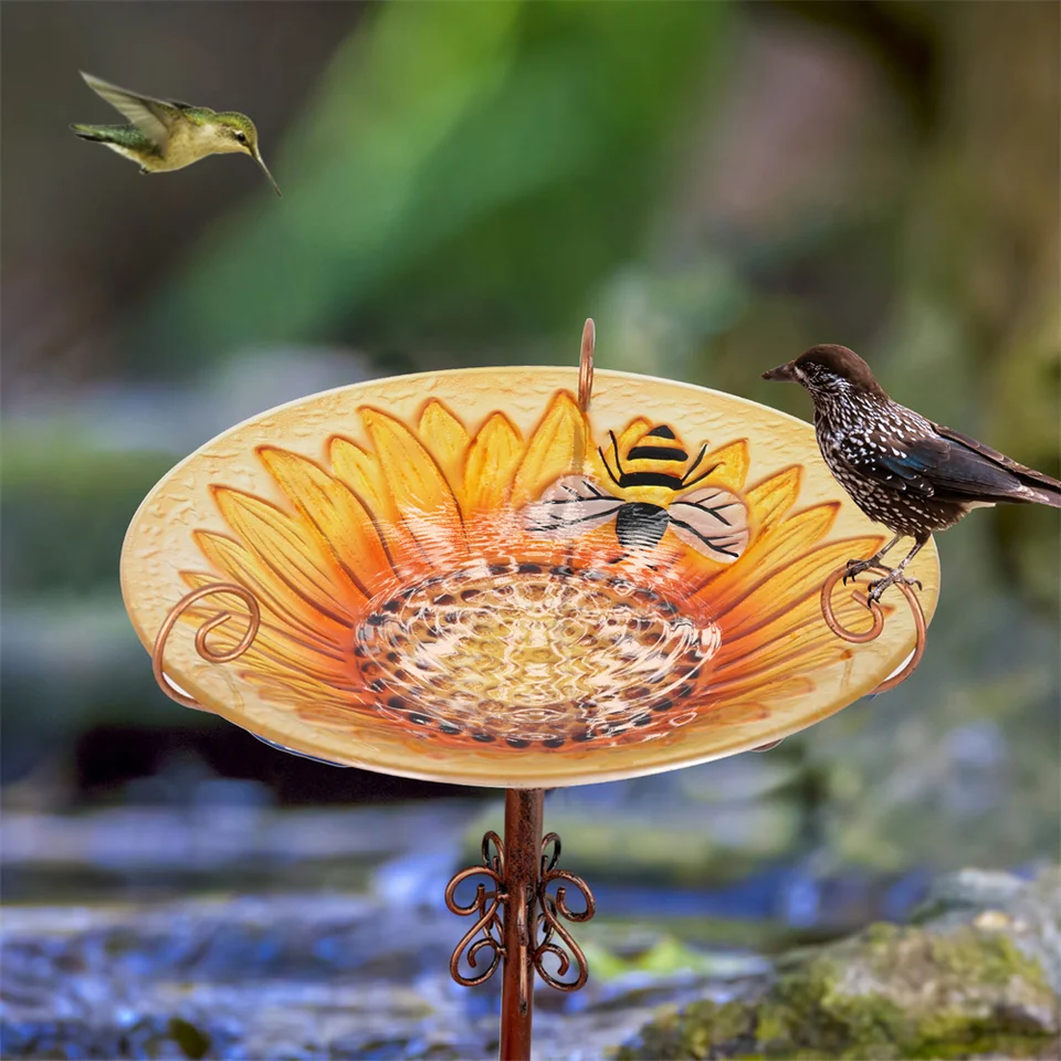 Glass Bird Bath Garden Outdoor Birdbath BirdFeeder s kovovým konzervou vtáčie kŕmne vtáčie kúpeľ