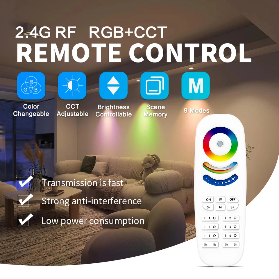 GledOpto 2.4g RF RF diaľkové ovládanie Pamäť Pamäť RGBCCT Nastaviteľný jas Stlmiteľná 6-zónová skupina Svetelné režimy 30 m Riadiaca vzdialenosť