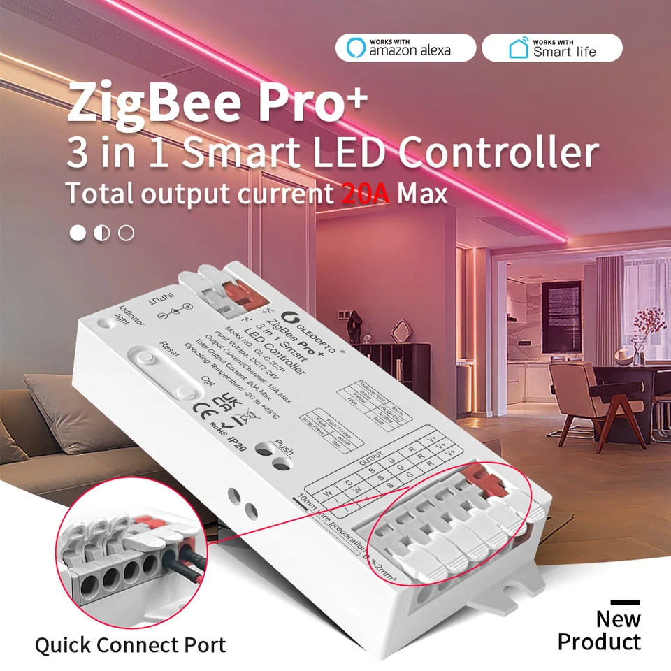 GledOpto Zigbee 3.0 Pro+ 3 v 1 RGBCCT/RGBW/RGB LED Strip Svetlo ovládač 20A Max H/UE Alexa Homey Tuya Smart App