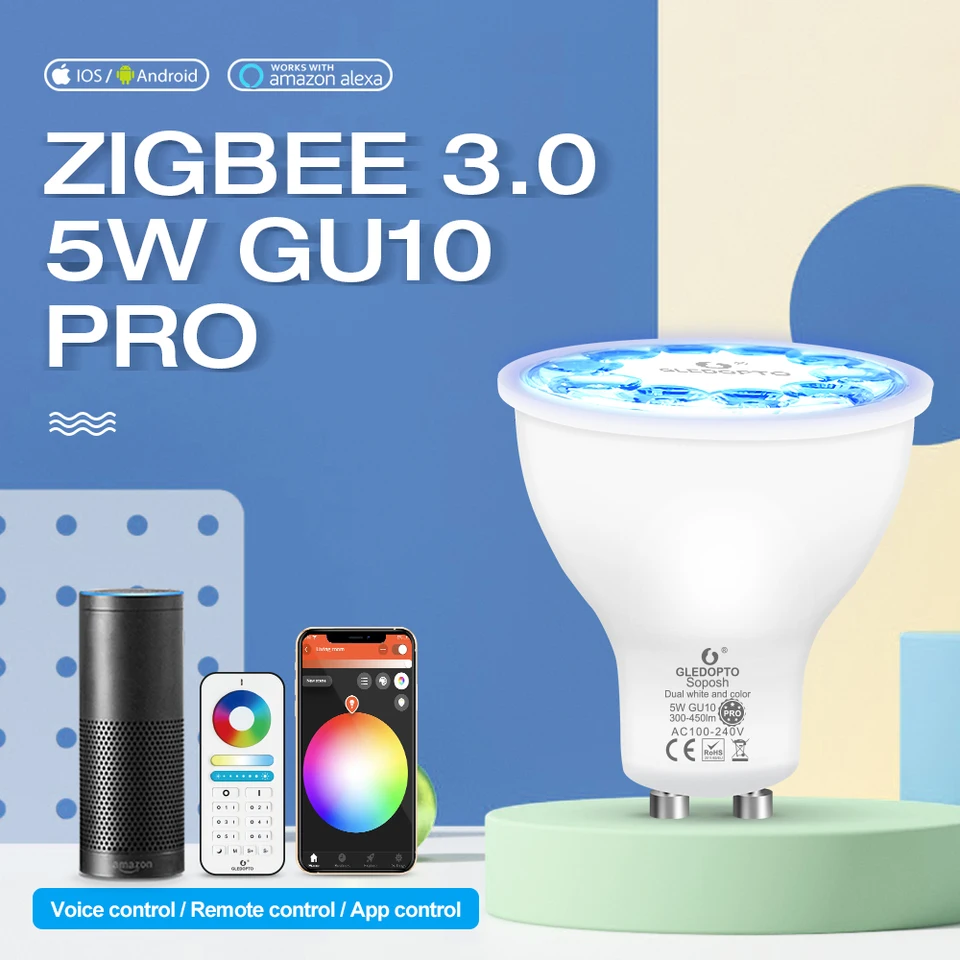 Gledopto Zigbee 3.0 Smart GU10 Spotlight 5W Pro RGBCCT LED žiarovka 30 stupňov uhol lúča Práca s Alexa Echo Plus App/Hlas/RF