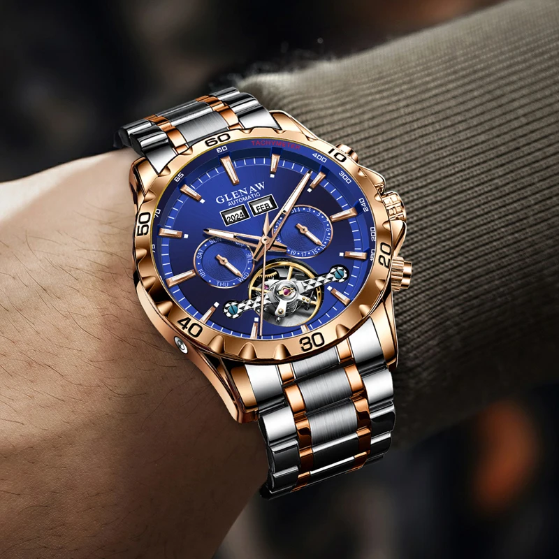 Glenaw High-end Dutiny zotrvačníka Plne automatické mechanické pánske dvojité hodinky Vodotesné svetlá z nehrdzavejúcej ocele