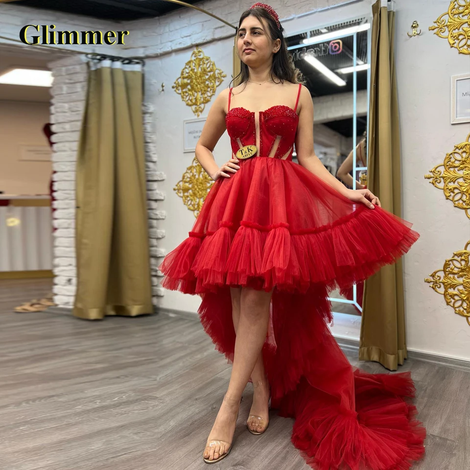 Glimmer Fashion Tulle Cocktail Šaty pre ženy špagety popruhy zlatíčko Pleat Sweep Sweep