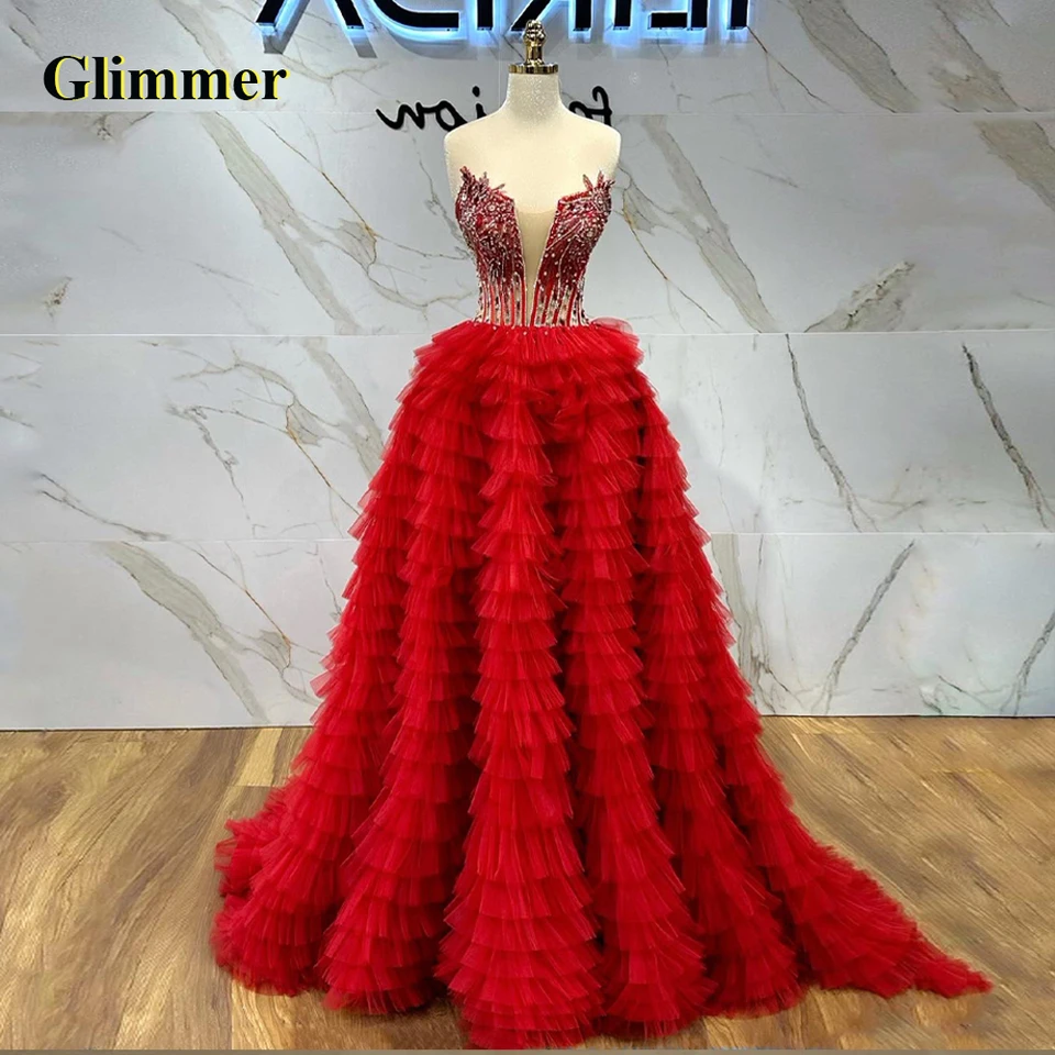 Glimmer luxusné vrstvené celebrity šaty pre ženy korálky Crystal Birthday Party Prom Vestidos de Fiesta prispôsobené