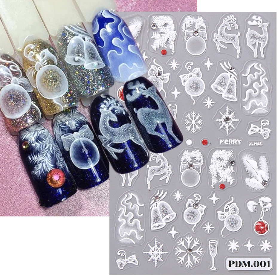 Glitter 5D Zimné vianočné nálepky na nechty biele strieborné striebro Penguin Cat Cat Bell Snowflake Light Light Lap Stripe Line Line na nechty