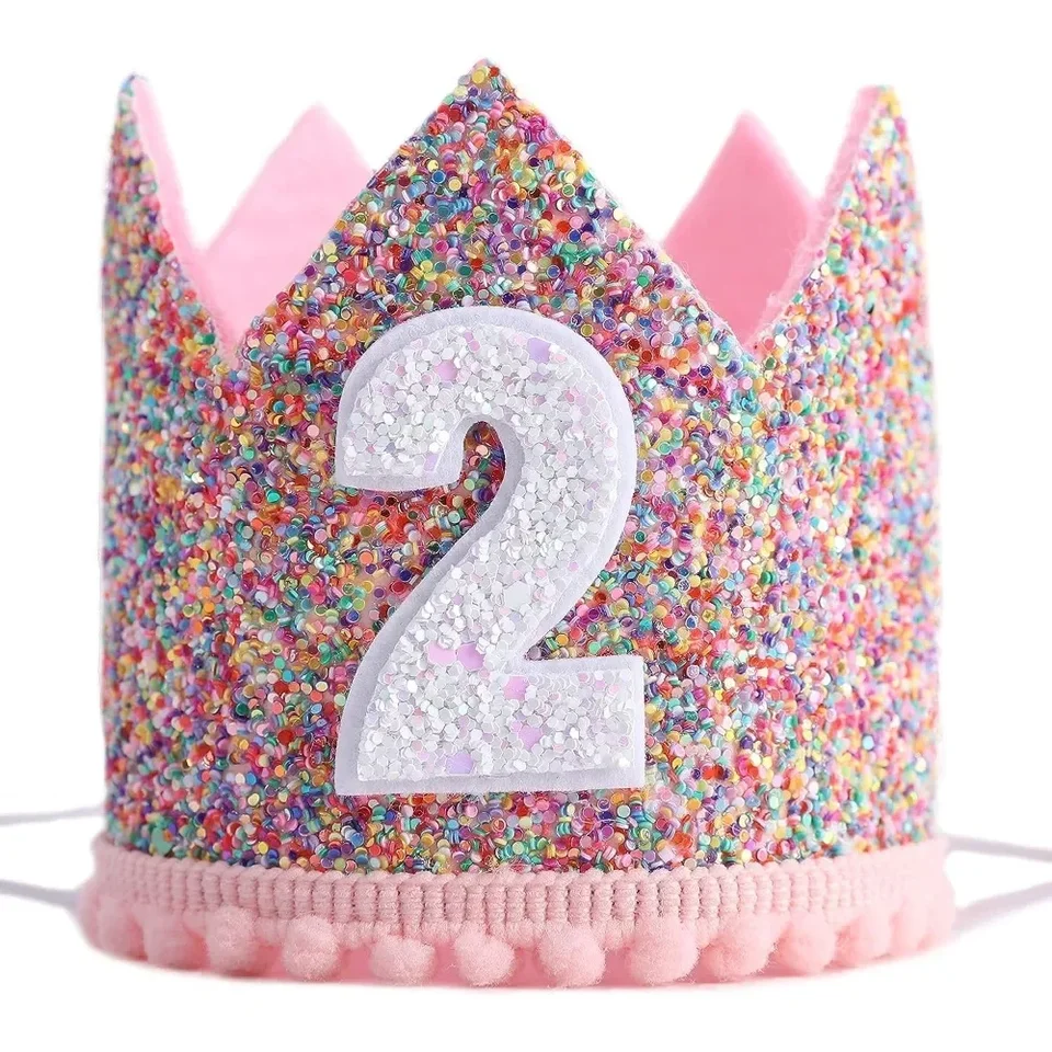 Glitter Birthday Crown pre 2. narodeninovú oslavu, nastaviteľný narodeninový klobúk pre deti Pink Princess Decor Destsents, Party, S