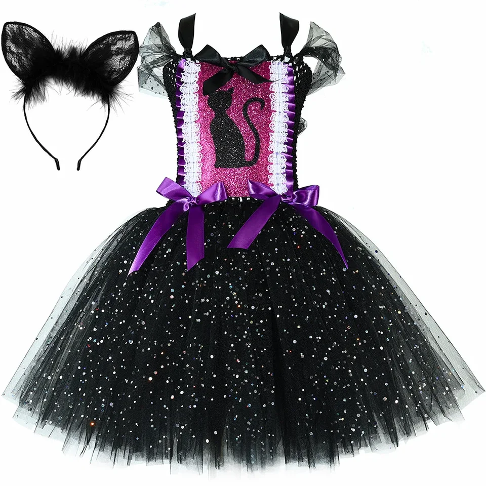 Glitter Black Cat Costume pre dievčatá Karneval narodeninová oslava Fancy Tulle Tutu šaty batoľa deti Halloween Animal Kostýmy