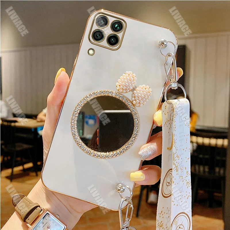 Glitter Bow Pearl Mirror na šnúrku na šnúrku Pase pre Huawei Honor 10 20 Lite Play3 8x 4 5T 4T 6T Pro 8x Max x8 x9 8a 9x Y9S 7X Cover