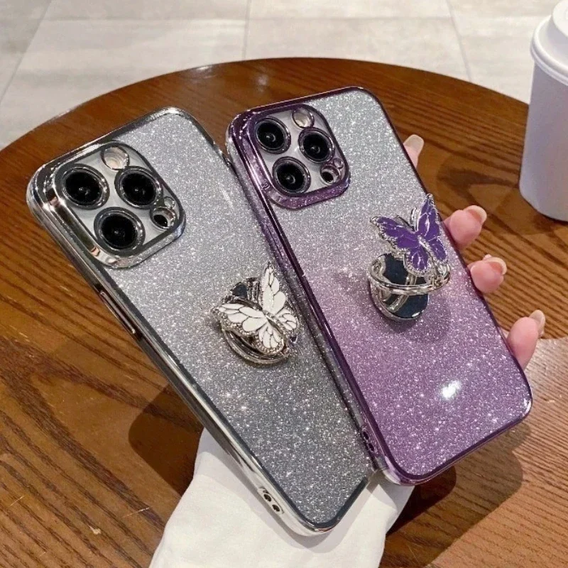 Glitter Butterfly prsteň držiak na držiak telefón pre telefón Huawei Honor Magic 3 4 5 Lite 6 Pro Bling Plating Cover