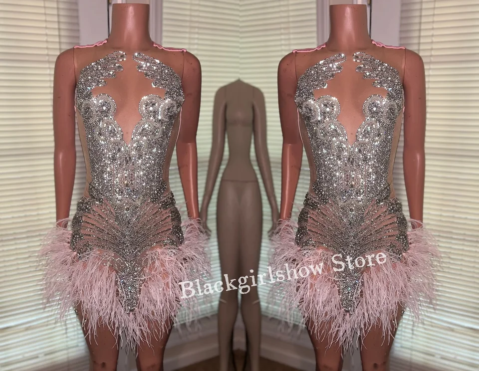Glitter Feather Mini Cocktail Dresses 2025 Pink Sexy Black Girls Narodeninová oslava Pozrite sa prostredníctvom promólnej príležitosti Kleider