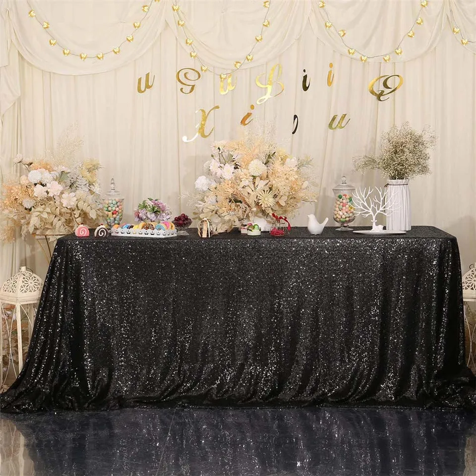 Glitter Flowin Table tkanina obdĺžnikový stolový obal Čierny objemný obdĺžnikový obdĺžnik pre podujatia pre udalosti