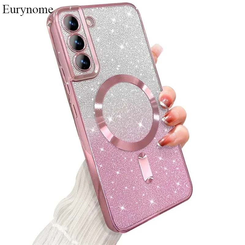 Glitter Magnetic Case pre Samsung Galaxy S24 Ultra S23 S22 S21 Plus S20 Fe Poznámka 20 A55 A35 Platenie bezdrôtového obalu Magsafe