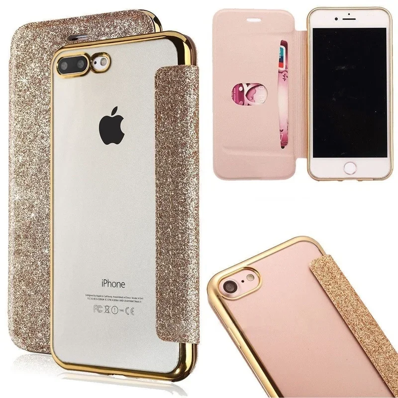 Glitter PU Leather Flip Card Slot Pase pre iPhone 16 15 14 13 12 Mini 11 Pro XS Max xr x 8 7 plus SE 2022 Platačný okraj TPU kryt TPU