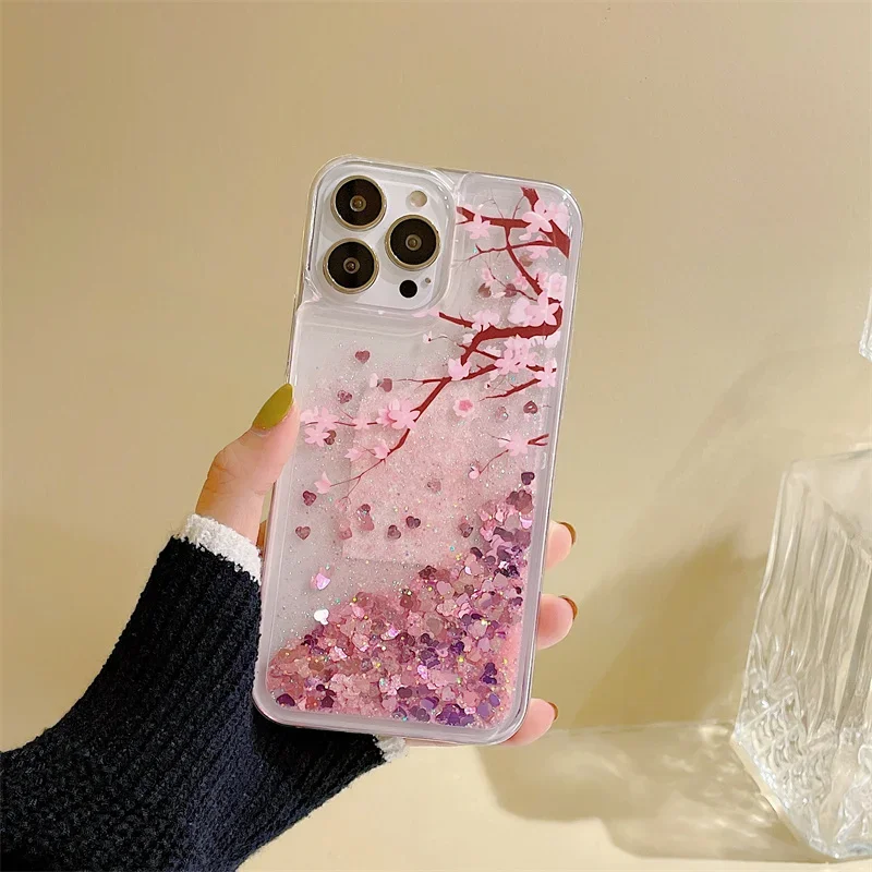 Glitter Quicksand Peach Blossom puzdro pre iPhone 15 14 13 Pro Max Para Fundas Soft Soft Protectional Gloss Arena Phone pokrýva ženy CAPA