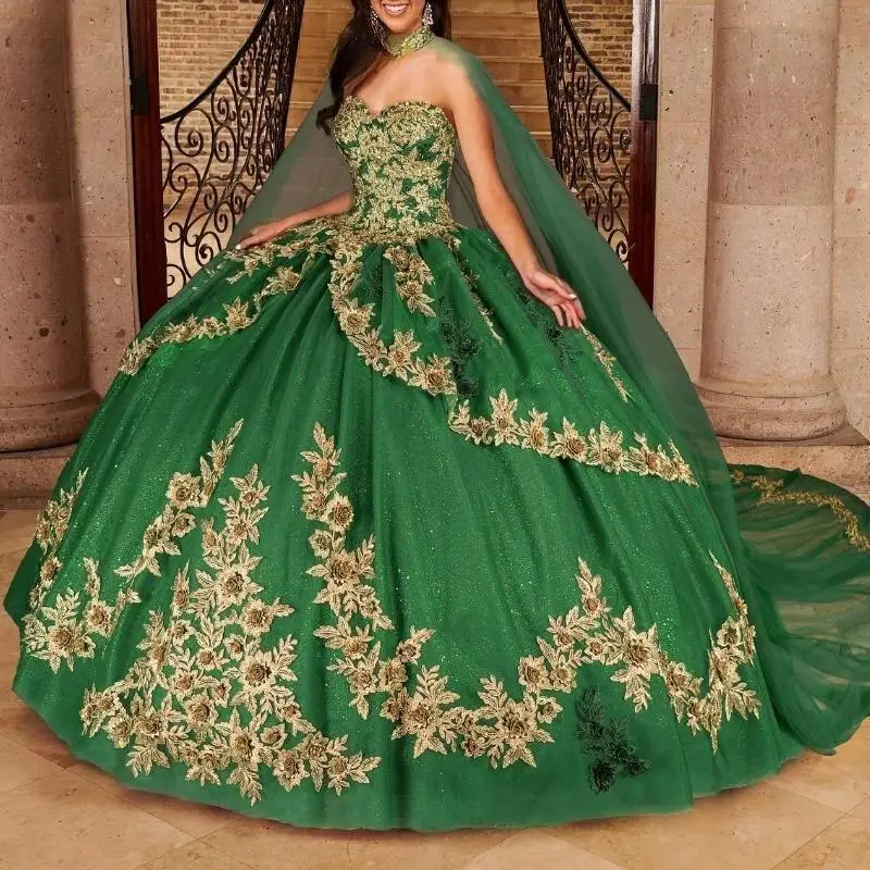 Glitter Royal Blue Quinceanera šaty loptičky Gold Lace Applique Beting s Kappiou Sweet 16 Vestido de 15 Anos